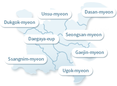 Dukgok-myeon,Unsu-myeon,Dasan-myeon,Daegaya-eup,Seongsan-myeon,Ssangnim-myeon,Gaejin-myeon,Ugok-myeon