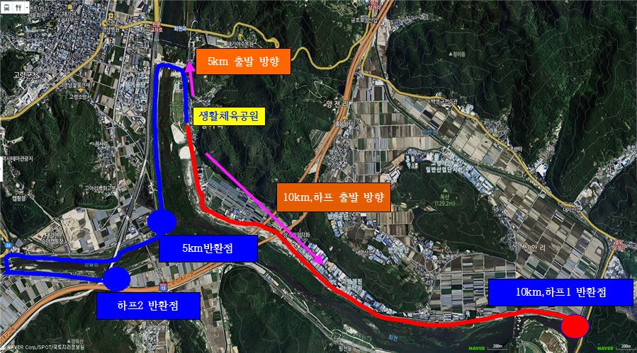 생활체육공원을 중심으로 5km 출발 방향, 10km, 출발 방향이 있으며 5km반환점, 하프2 반환점, 10km,하프1 반환점이 표시된 대가야마라톤대회 코스