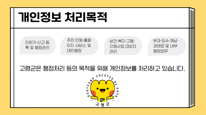 개인정보 처리목적 : 인허가&middot;신고&middot;등록 및 행정관리 - 주민&middot;민원&middot;홈페이지 서비스 및 대민행정 - 보건&middot;복지&middot;고용&middot;지원사업 대상자 관리 - 부과&middot;징수&middot;체납&middot;과태료 및 내부 행정업무. 고령군은 행정처리 등의 목적을 위해 개인정보를 처리하고 있습니다.