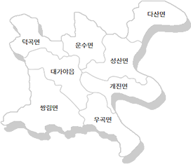 덕곡면,운수면,성산면,다산면,대가야읍,개진면,쌍림면,우곡면이 표기된 고령군 지도