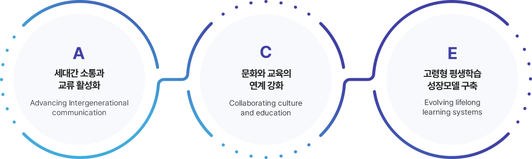 A 세대간 소통과 교류 활성화(Advancing Intergenerational communication) C 문화와 교육의 연계 강화(Collaborating culture and educatiion) E 고령형 평생학습 성장모델 구축(Evolving lifelong learning systems)